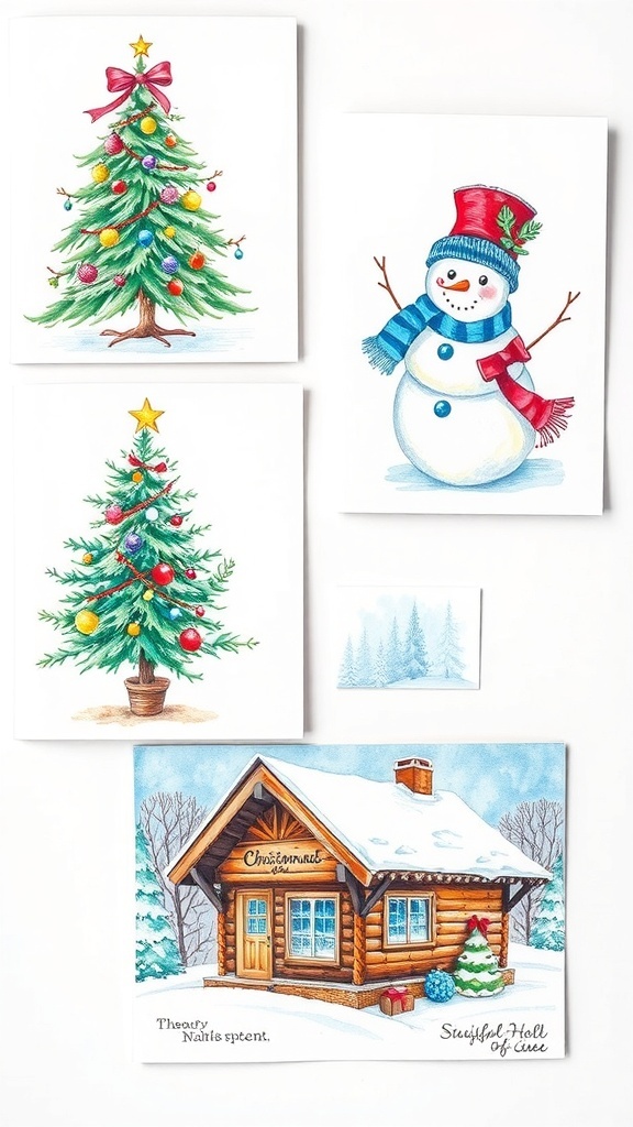 Hand-drawn Christmas card designs with a tree, snowman, and cabin.